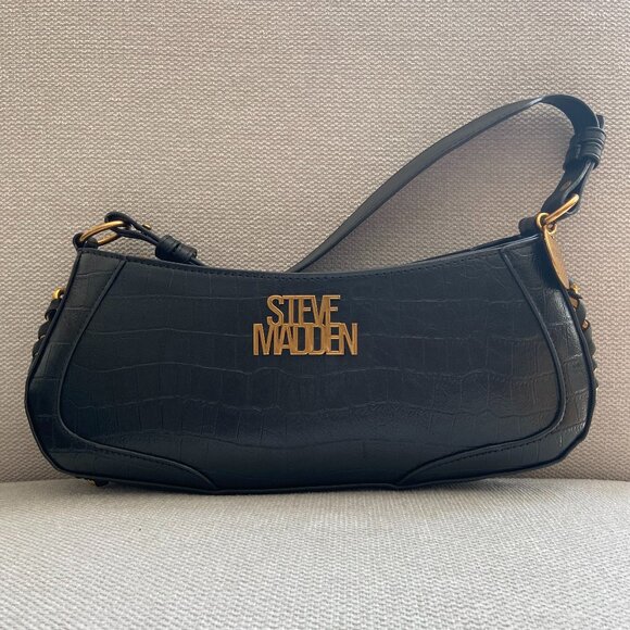 Steve Madden Crocodile Embossed Leather Handbag|Black Croc Baguette Shoulder Bag - Picture 11 of 11